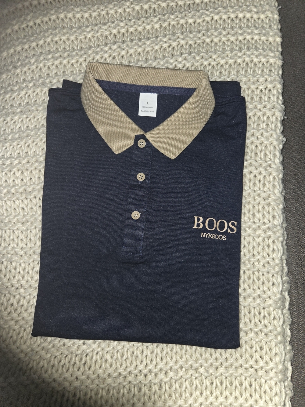 BOOS Navy Polo with Tan Collar - Picture 2 of 2